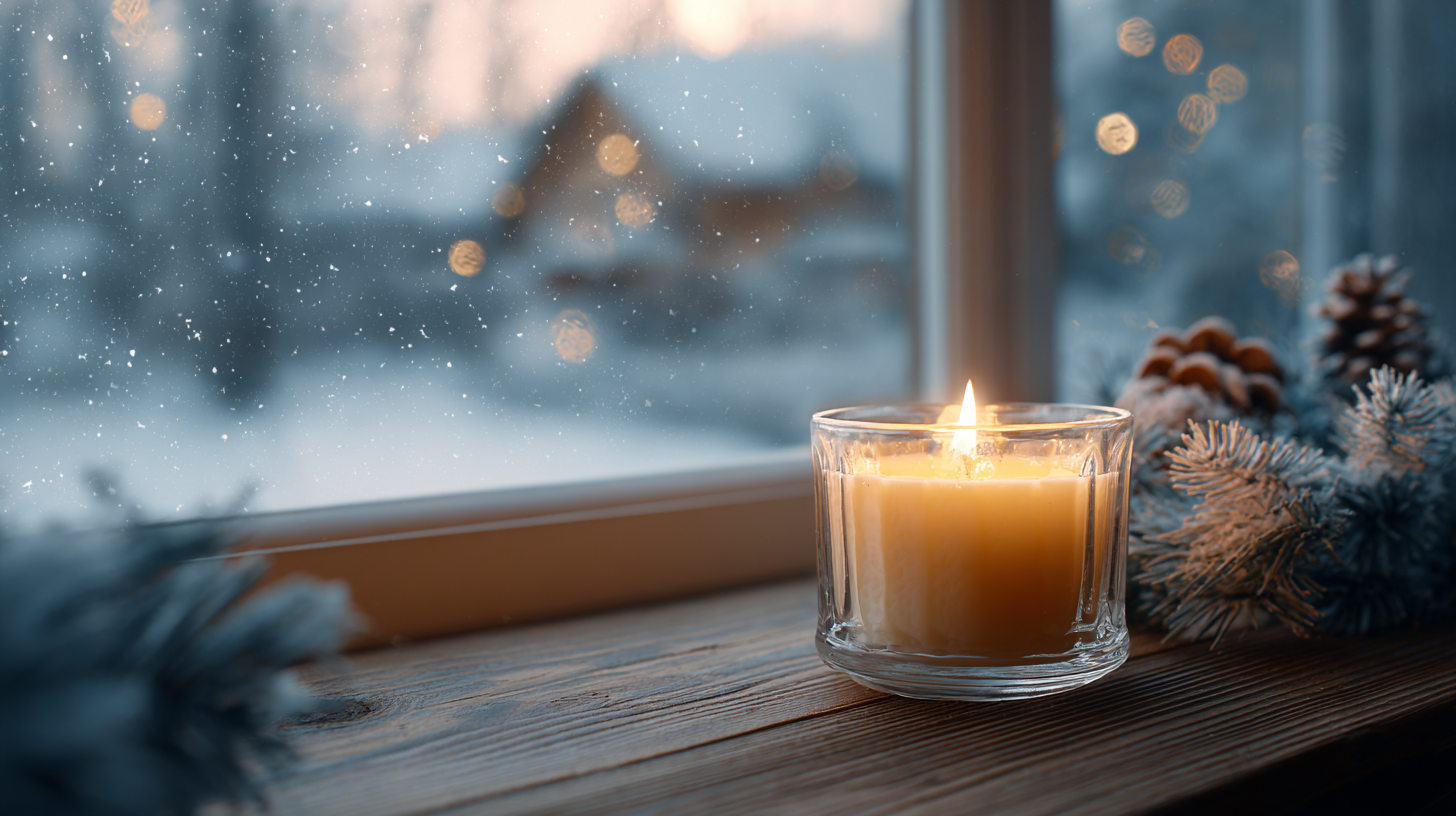 Lit candle on a wooden windowsill with snow and pine branches in the background.