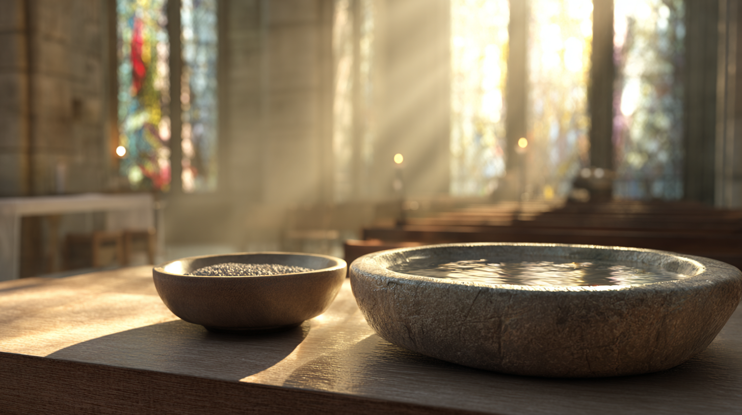 Stone bowls of water and ashes on a church table with sunlight streaming through stained-glass windows.