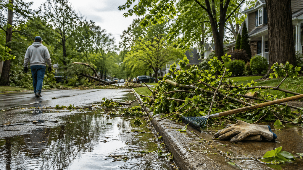 Wet suburban street with fallen branches and cleanup tools after a spring storm.