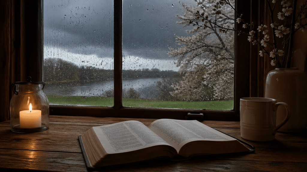 Open Bible and lit candle on a wooden table beside a rain-streaked window during a storm.