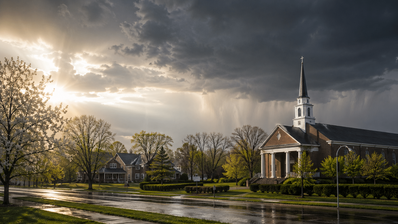 Sunlight breaks through dark storm clouds above a church with a tall steeple after rain.