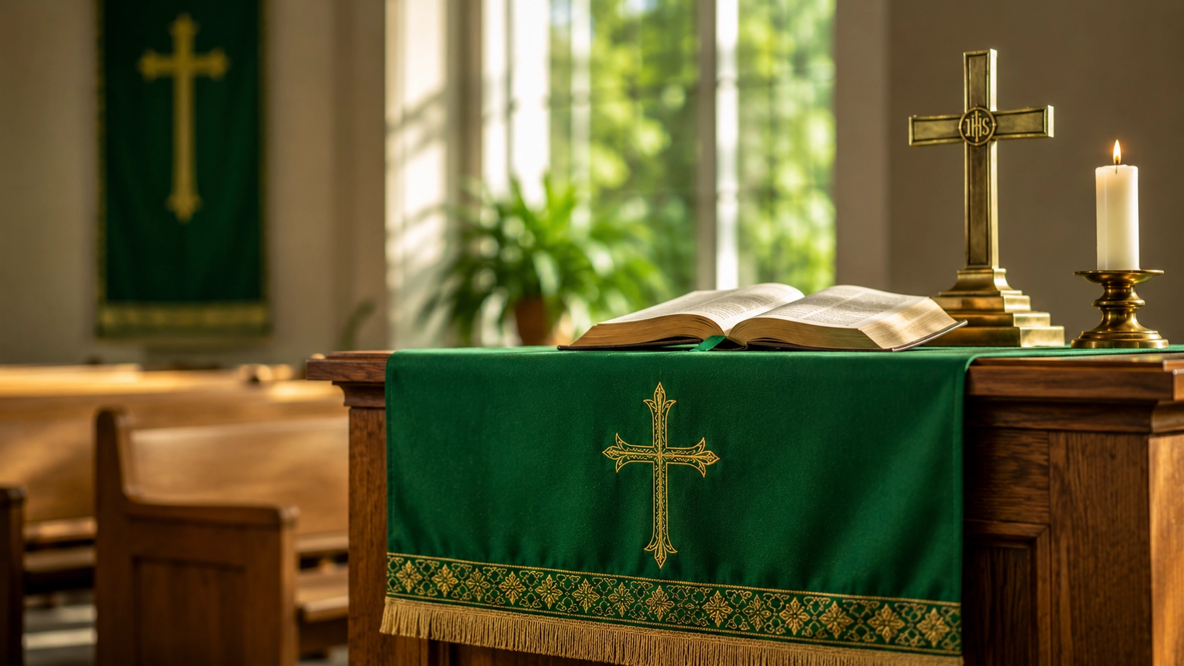 Green altar cloth with a cross, open Bible, and candle in a sunlit church during Ordinary Time.