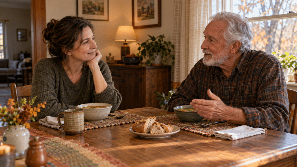 A woman and an older man talking over bowls of soup and bread at a wooden dining table.