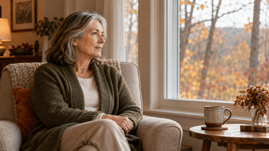 A woman in a green cardigan sitting beside a window, with a mug on a nearby table.